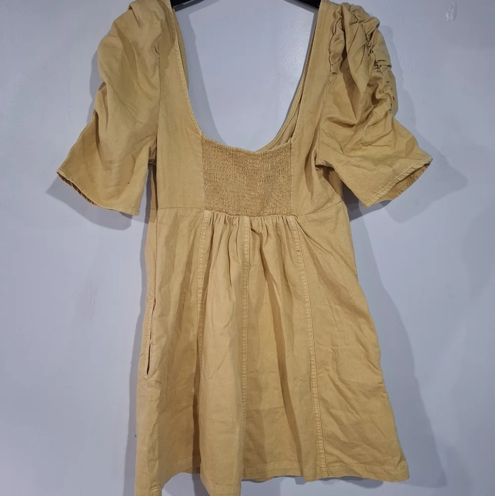 Free People Cheyenne Denim Mini Dress Babydoll Smocked Pockets Puffer Sleeve S